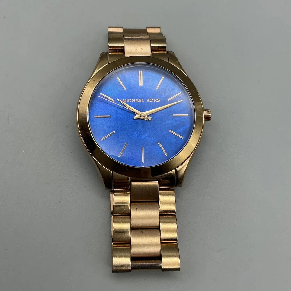 Michael Kors Womens Watch 42mm Blue Dial Gold Tone MK-3494 New Battery 6.5